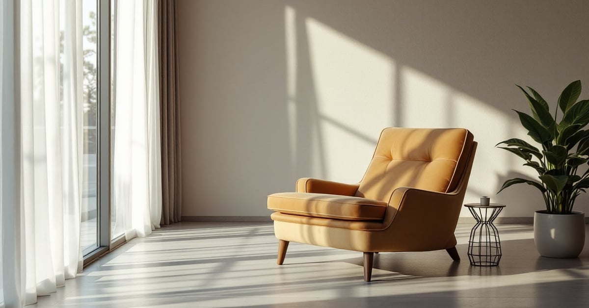 Fauteuil de relaxation moderne dans un salon épuré, lumière naturelle douce et ambiance cosy