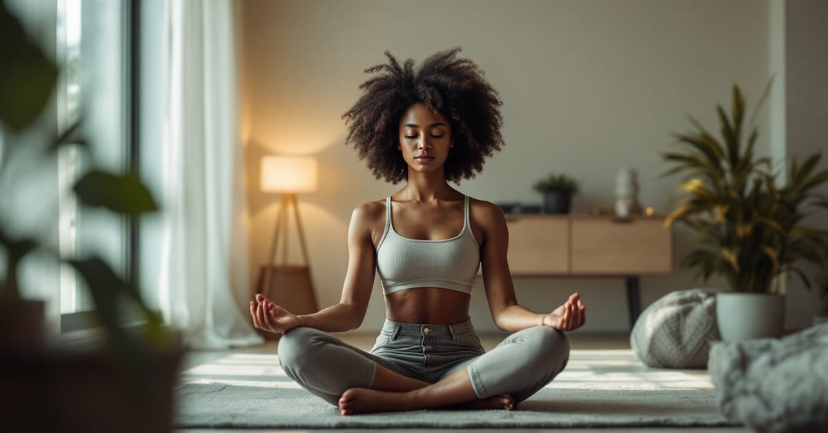 Personne en méditation assise en silence dans un espace calme et lumineux, atmosphère apaisante