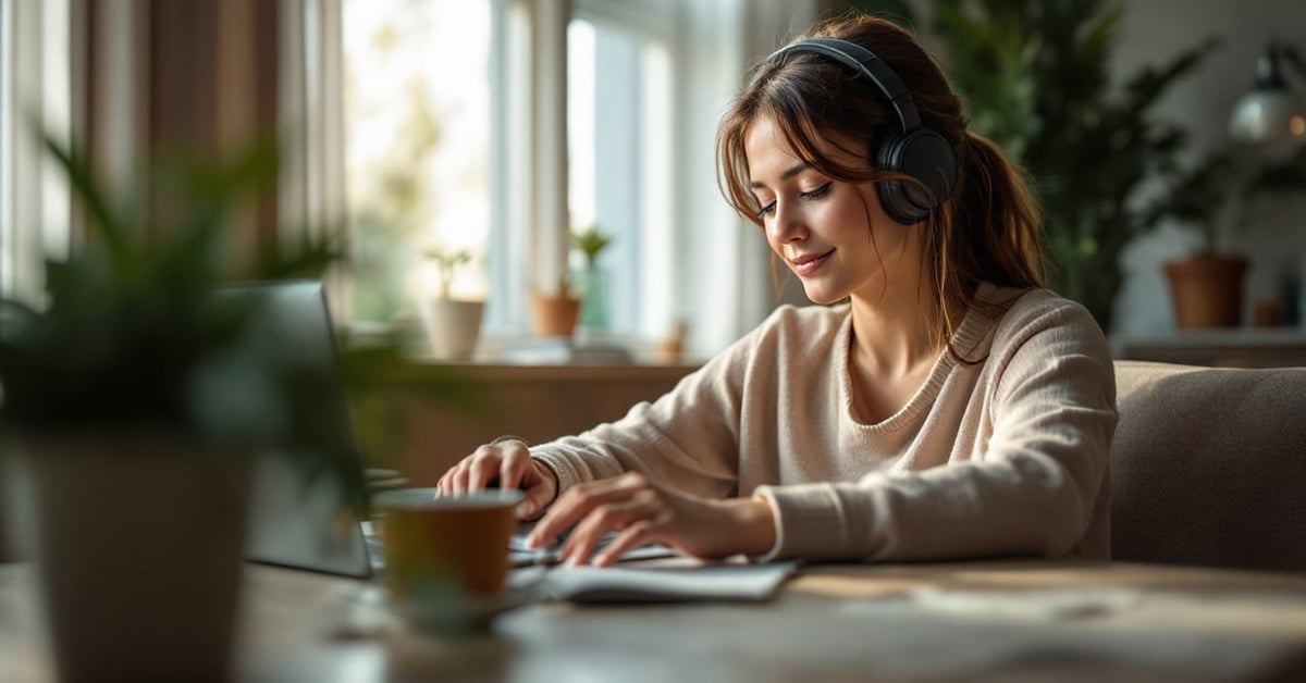 Musique douce relaxation : femme apaisée écoutant de la musique dans un environnement calme et naturel