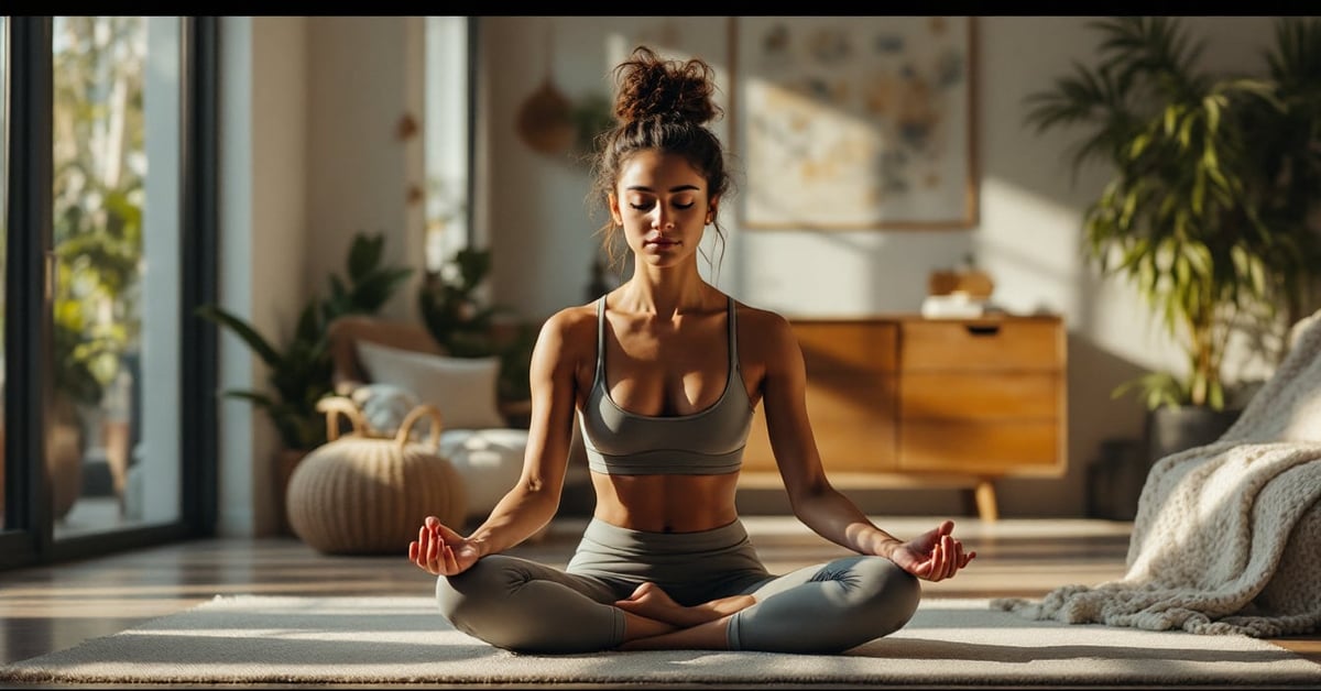 Femme pratiquant le yoga en posture de méditation dans un cadre naturel lumineux