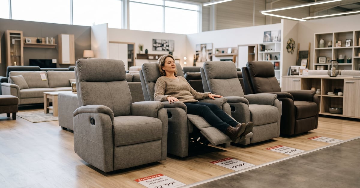 Fauteuil de relaxation Conforama moderne dans un salon contemporain