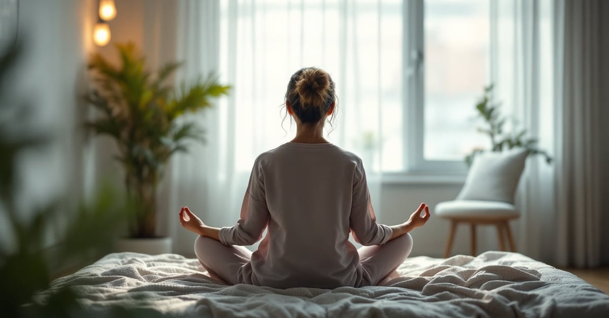 Femme en méditation paisible avant de dormir, allongée dans une chambre calme et tamisée