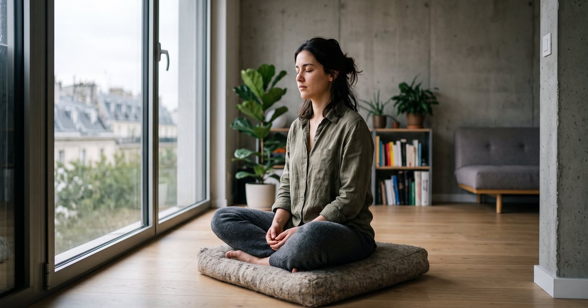 Méditation du matin paisible : personne assise en silence au lever du soleil pour commencer la journée avec calme