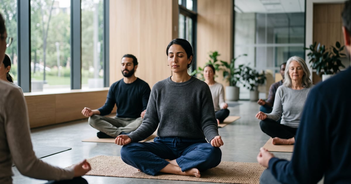 Femme pratiquant la méditation en pleine conscience, assise en silence dans un espace calme et épuré