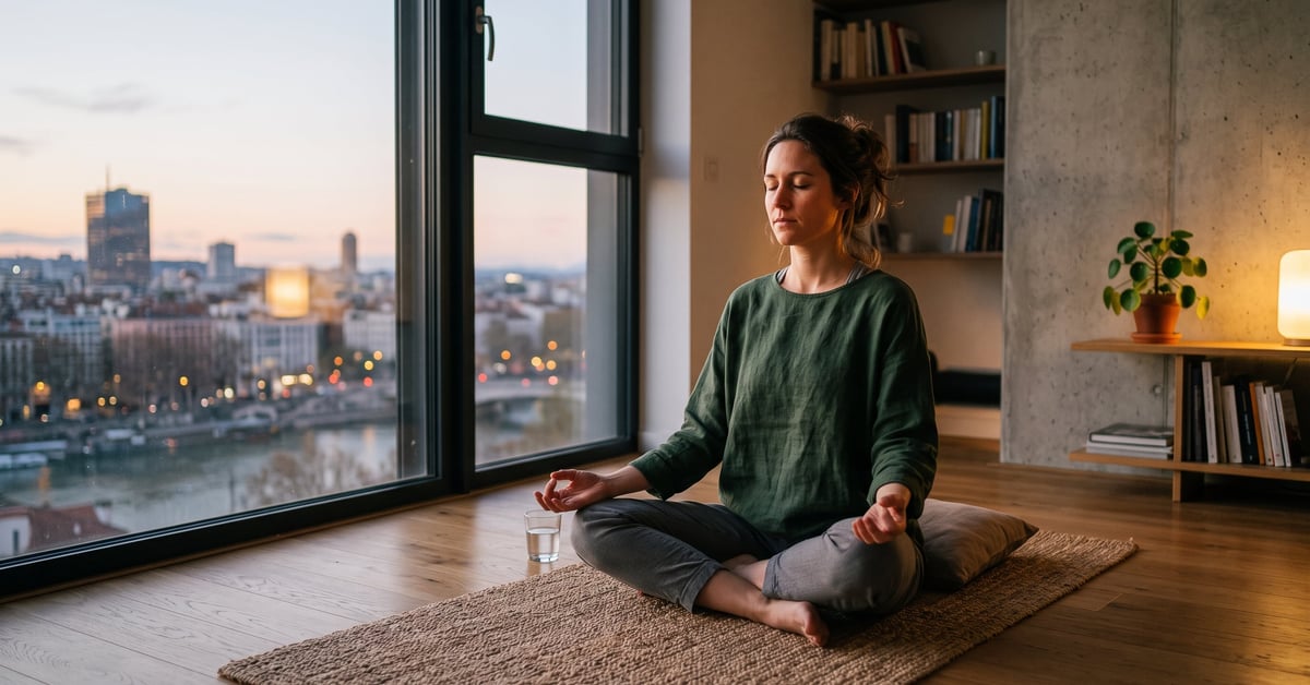 Femme en méditation du soir dans une pièce calme et tamisée, assise en silence avant de dormir