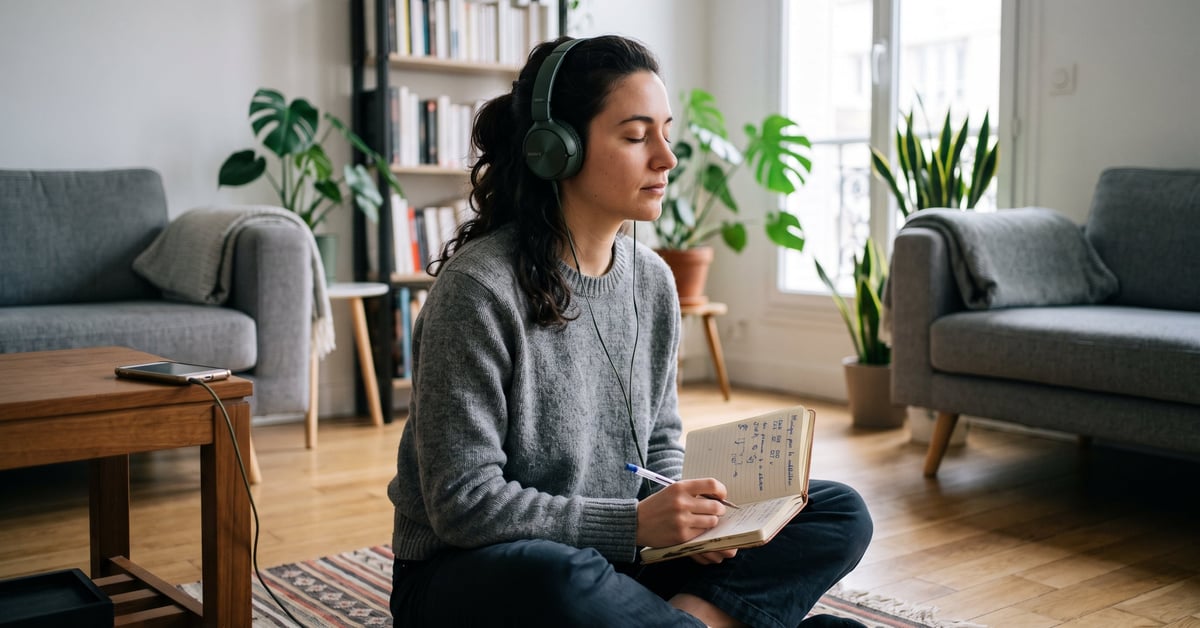 Musique pour la méditation : écouteurs posés près de bougies et d'un bol tibétain dans un espace zen