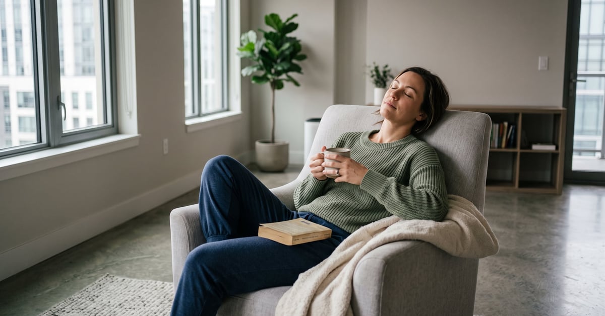 Femme en pleine séance de relaxation, respirant profondément dans un espace calme et lumineux