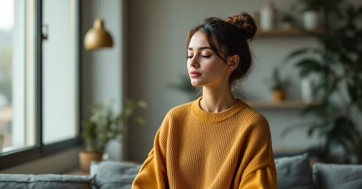 Femme en méditation assise en tailleur, les yeux fermés, dans un état de lâcher prise et de sérénité
