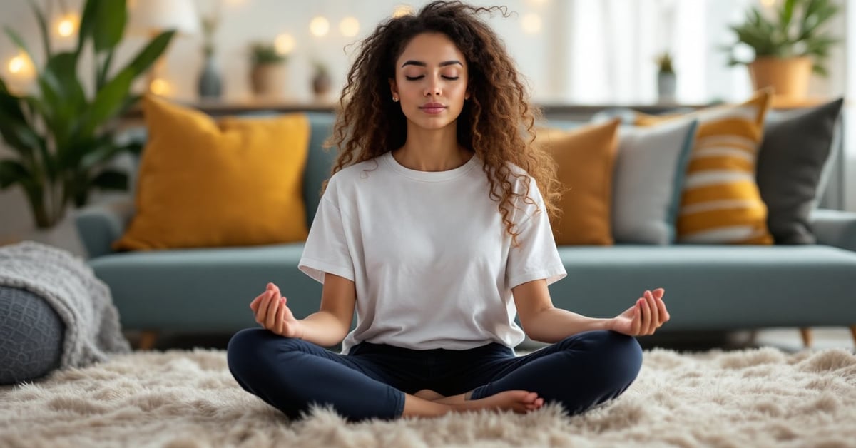 Smartphone affichant une application de méditation posé sur une surface minimaliste moderne