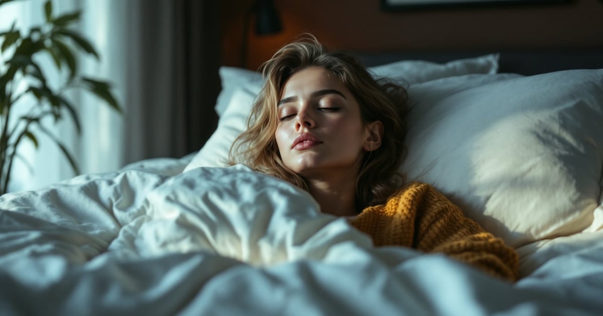 Personne allongée dans un lit douillet pratiquant la relaxation pour mieux dormir