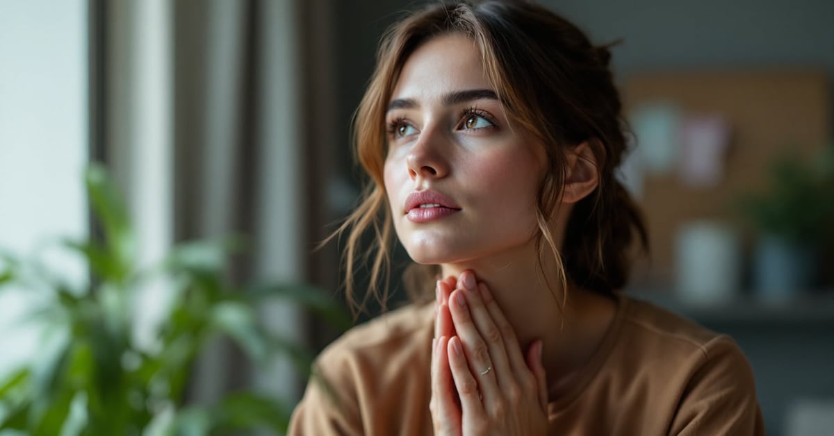Femme pratiquant la respiration diaphragmatique, main posée sur le ventre, en position allongée détendue