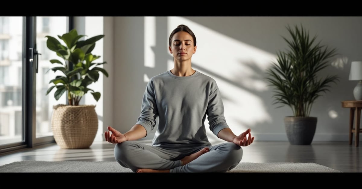 Personne en posture de méditation, assise en silence dans un espace épuré et lumineux